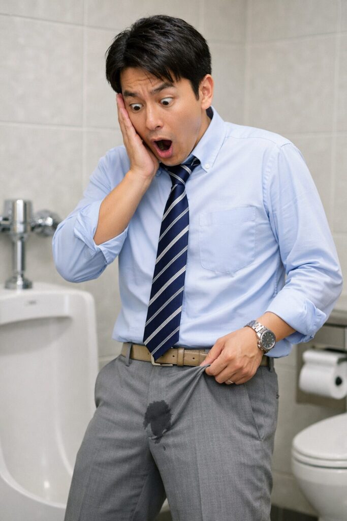 Man in a light blue dress shirt and striped tie stands in a bathroom, eyes wide, hand on his cheek, with a dark stain on his gray dress pants.