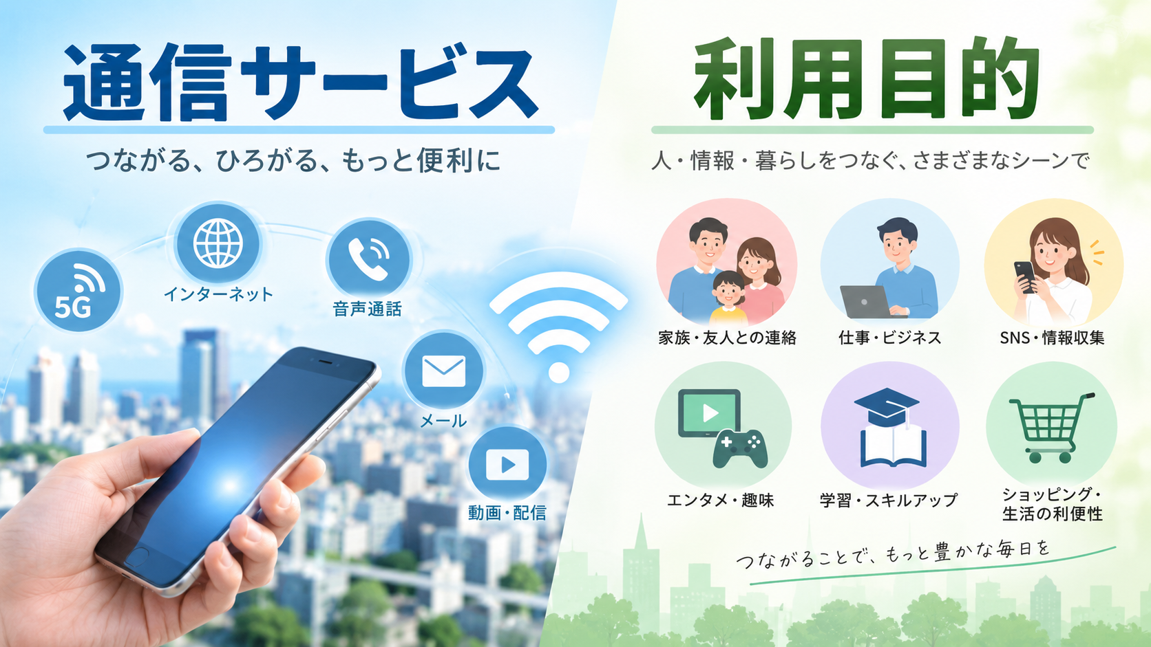 ChatGPT Image 2026年9月17日 19_27_31 - ネットとの付き合い方 スマートフォンを手にもつ人の背景に、5G・インターネット・音声通話・メール・動画配信のアイコンが並ぶ通信サービスの案内図。最左の5Gと中央のWi‑Fiマークが特徴的。