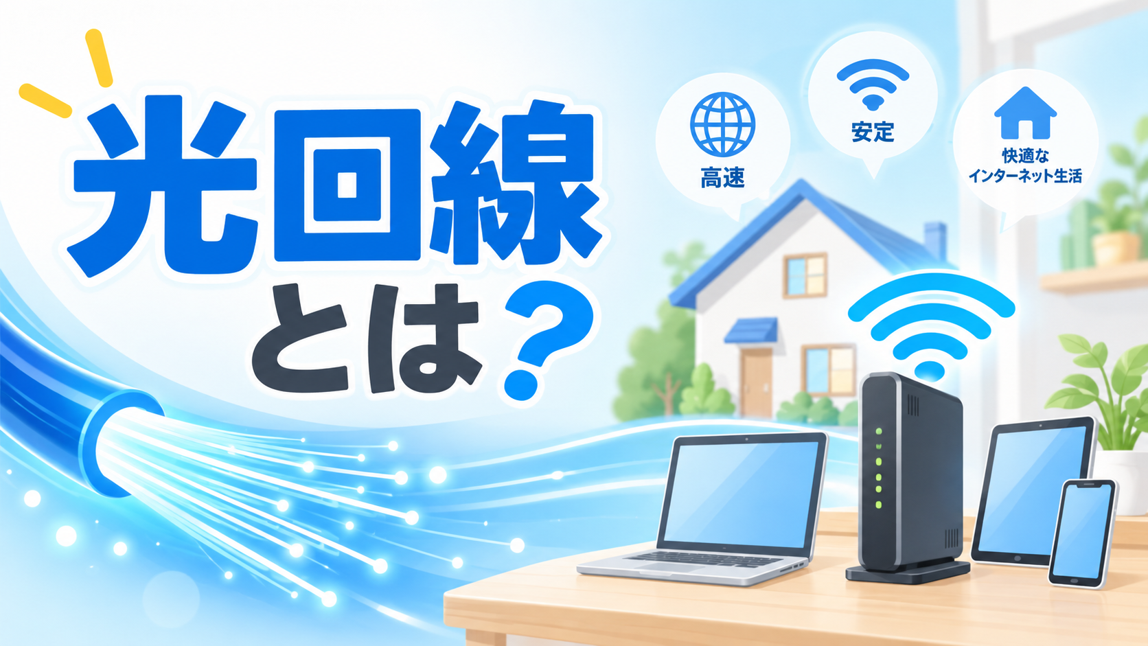 Codex 画像 2026年9月12日 15_33_48 - ネットとの付き合い方 光回線とは?と家の周りにWi‑Fiアイコンと複数のデバイスを描いた光ファイバーの宣伝イメージ。主題は家庭用の高速インターネット。”高速・安定・快適”の要素を示すビジュアル。