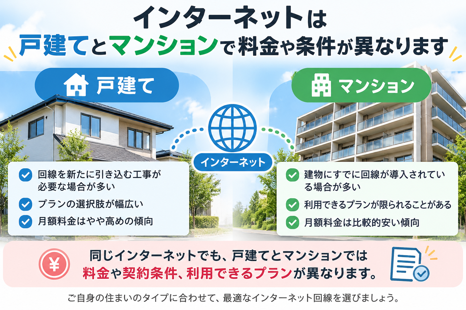 インターネットは戸建てとマンションで料金や条件が異なることを示す比較インフォグラフィック。