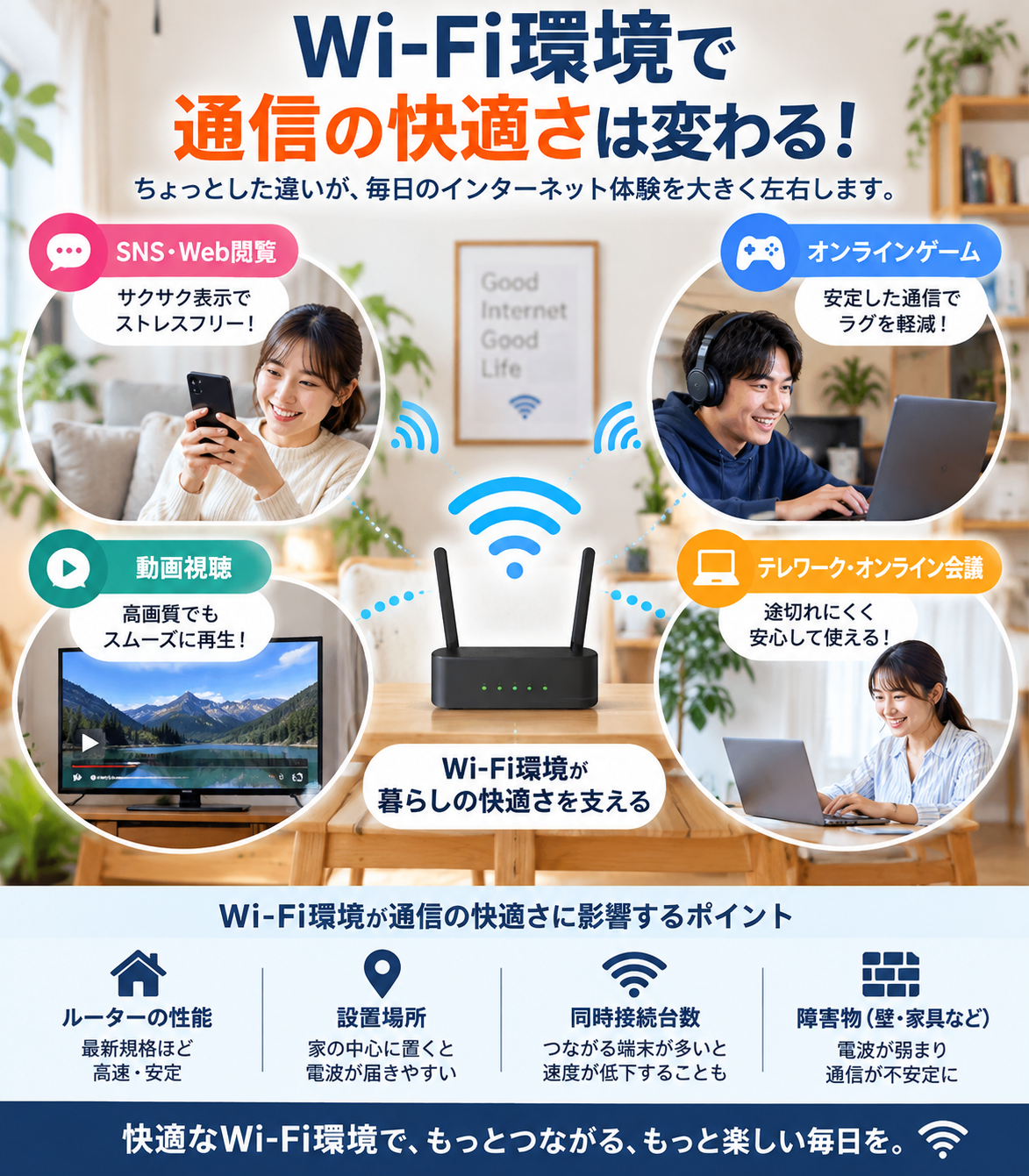 Wi‑Fi router centrally pictured with four circular scenes—SNS/web browsing, online gaming, video viewing, and telework—illustrating a comfortable home network.