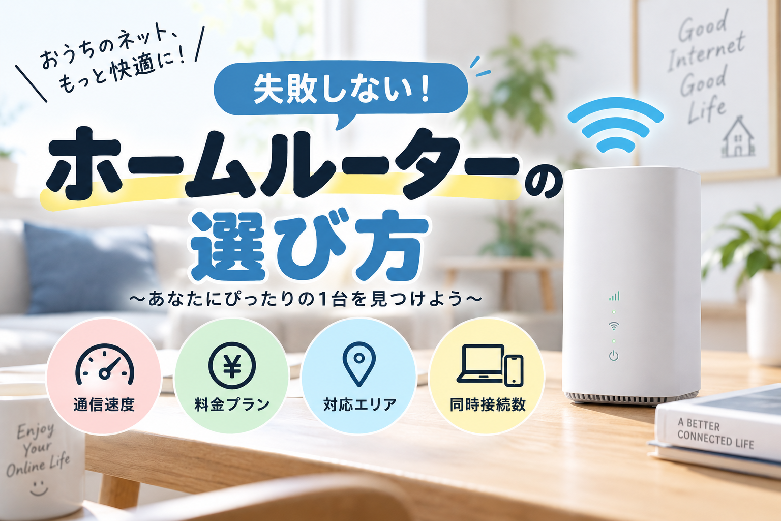 リビングに置かれたルーターと、速度・料金プラン・対応エリア・同時接続数の4つのアイコンが並ぶホームルーター選び方のバナー。！