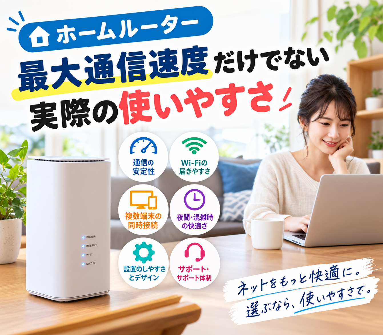 Codex 画像 2026年9月12日 16_59_35 - ネットとの付き合い方 リビングでノートPCを使う女性の横に白いホームルーターと、色とりどりのアイコンが並ぶネット快適さの宣伝画像。
