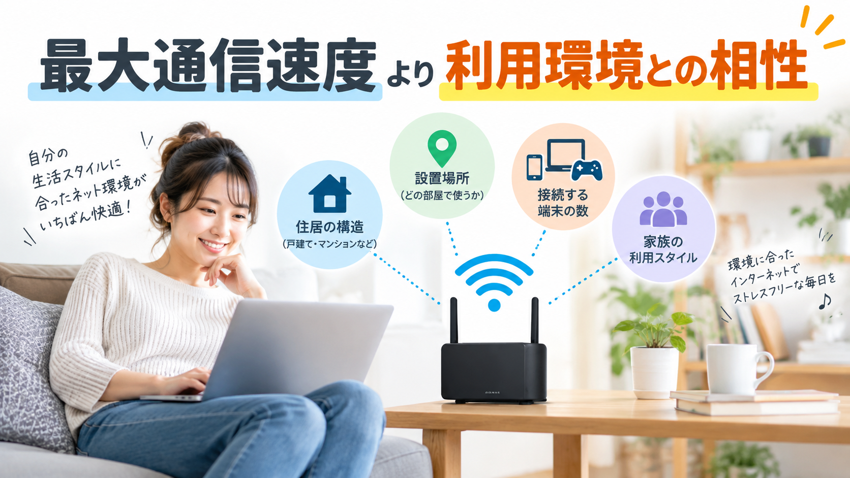 Codex 画像 2026年9月21日 09_30_25 - ネットとの付き合い方 リビングでノートPCを使う女性と、Wi‑Fiルーターから情報を示す円形アイコン群(住宅構造・設置場所・接続端末数・家族利用スタイル)最適化されたインターネット環境を伝える画像