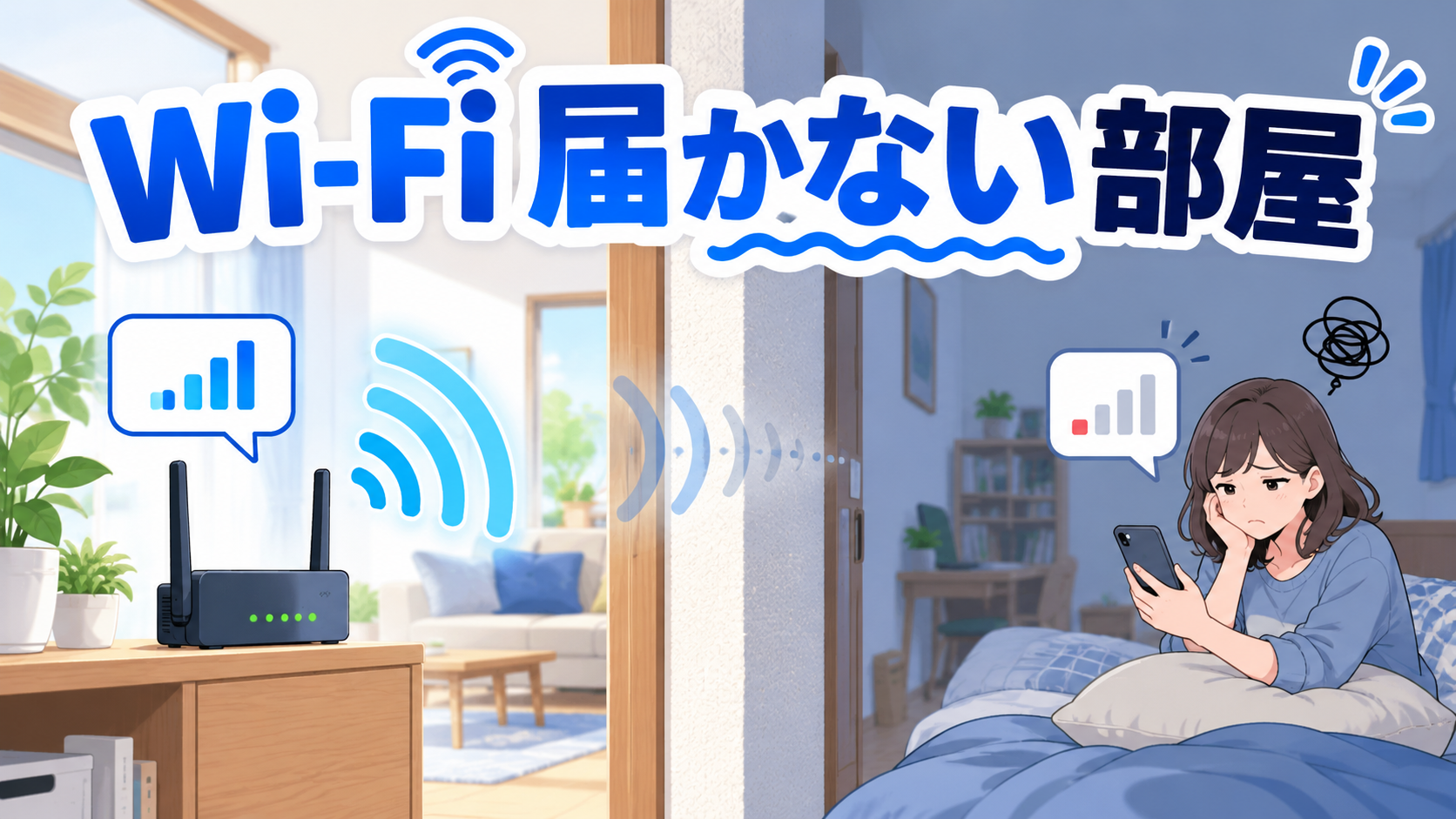 Codex 画像 2026年9月24日 12_10_57 - ネットとの付き合い方 Woman in a bedroom looks upset at her phone as Wi‑Fi signal fails in a room labeled 'Wi‑Fi 届かない部屋' (Wi‑Fi won’t reach this room).