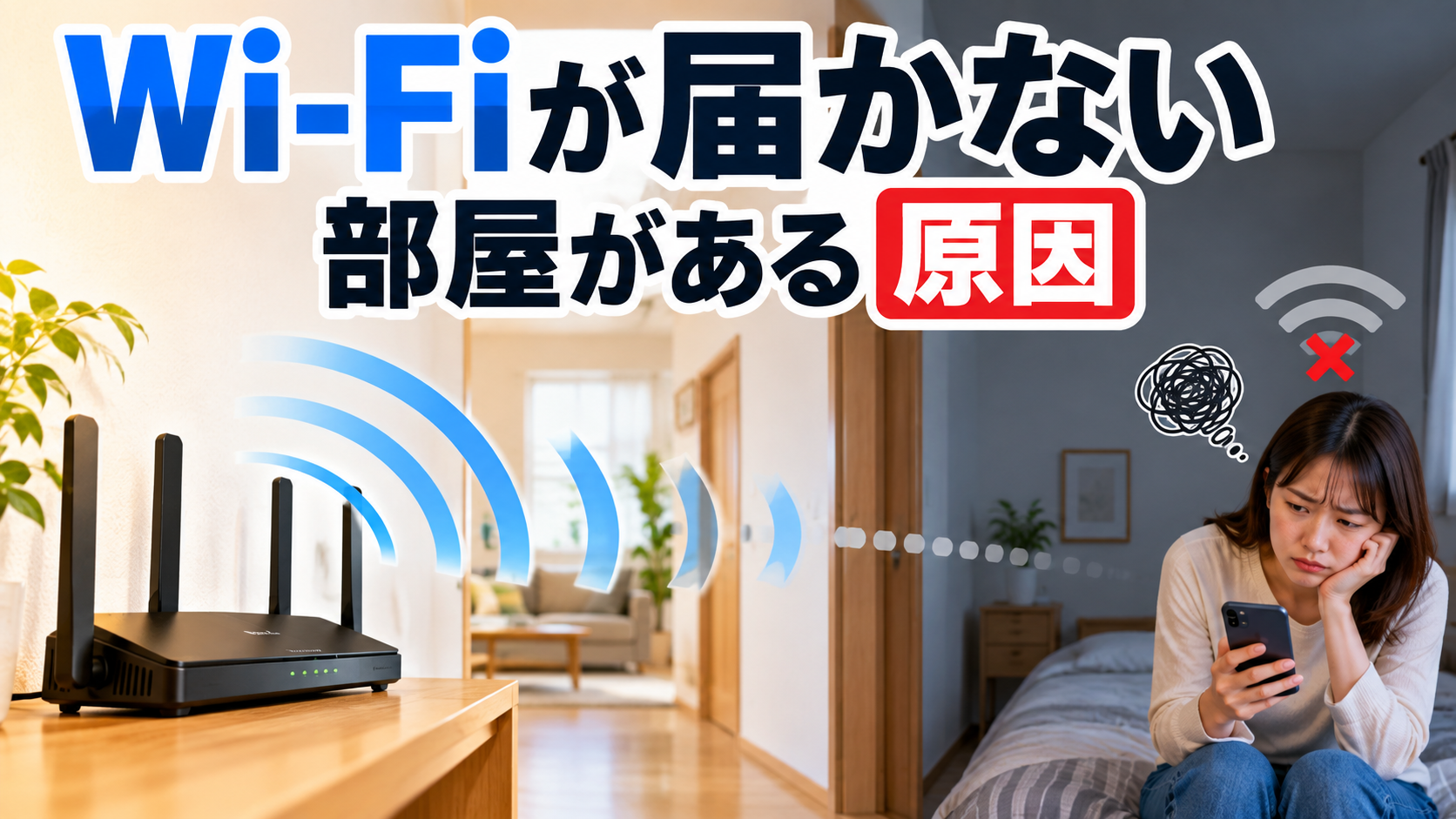 Codex 画像 2026年9月24日 12_27_14 - ネットとの付き合い方 Router with antennas emits Wi‑Fi waves; a worried woman checks her phone, illustrating weak signal in some rooms.