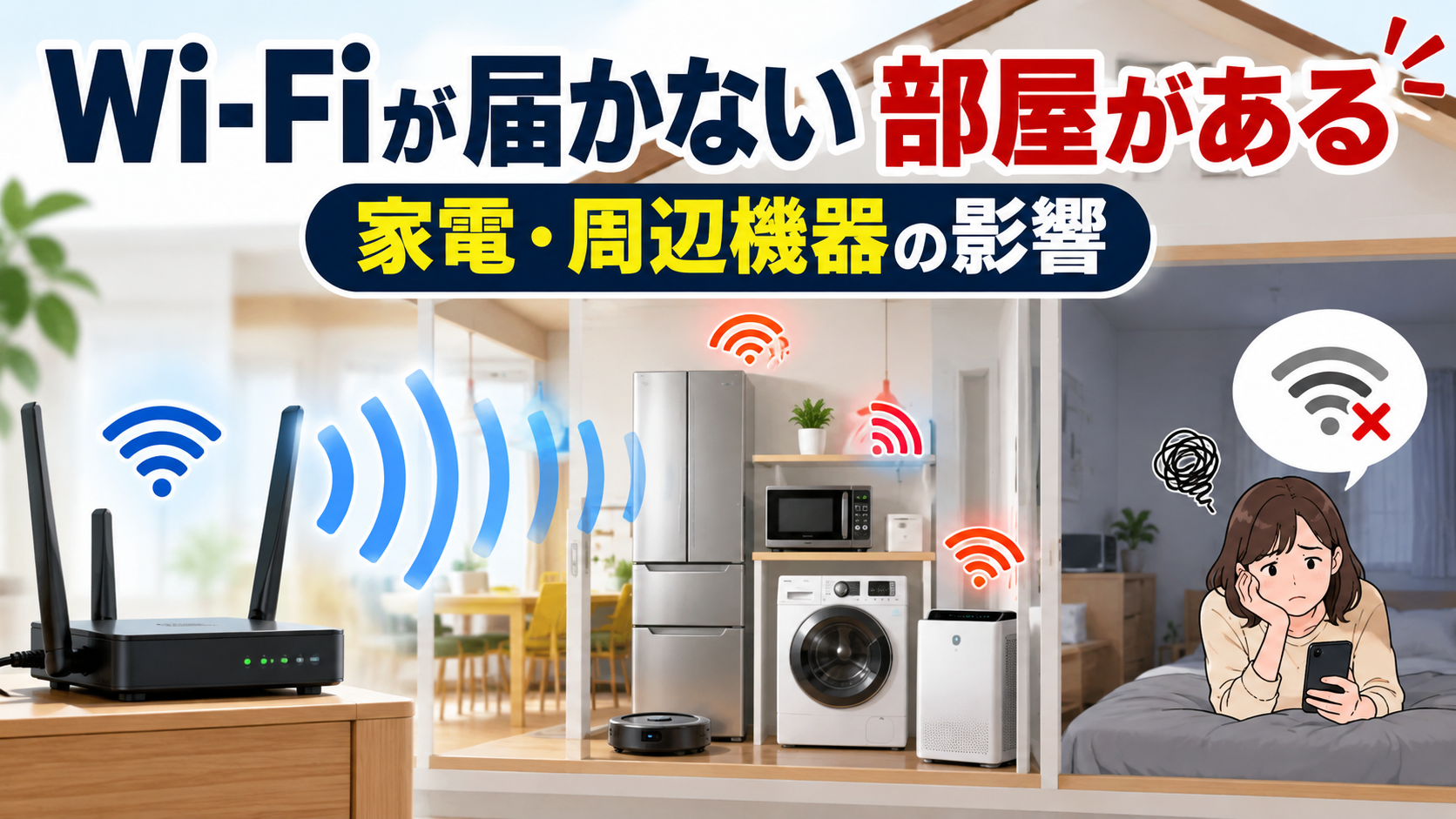 Codex 画像 2026年9月24日 12_36_45 - ネットとの付き合い方 Wi‑Fiが届かない部屋があることを示す、家電の影響を伝える解説風イラスト。電波マークが部屋間を行き来する様子。