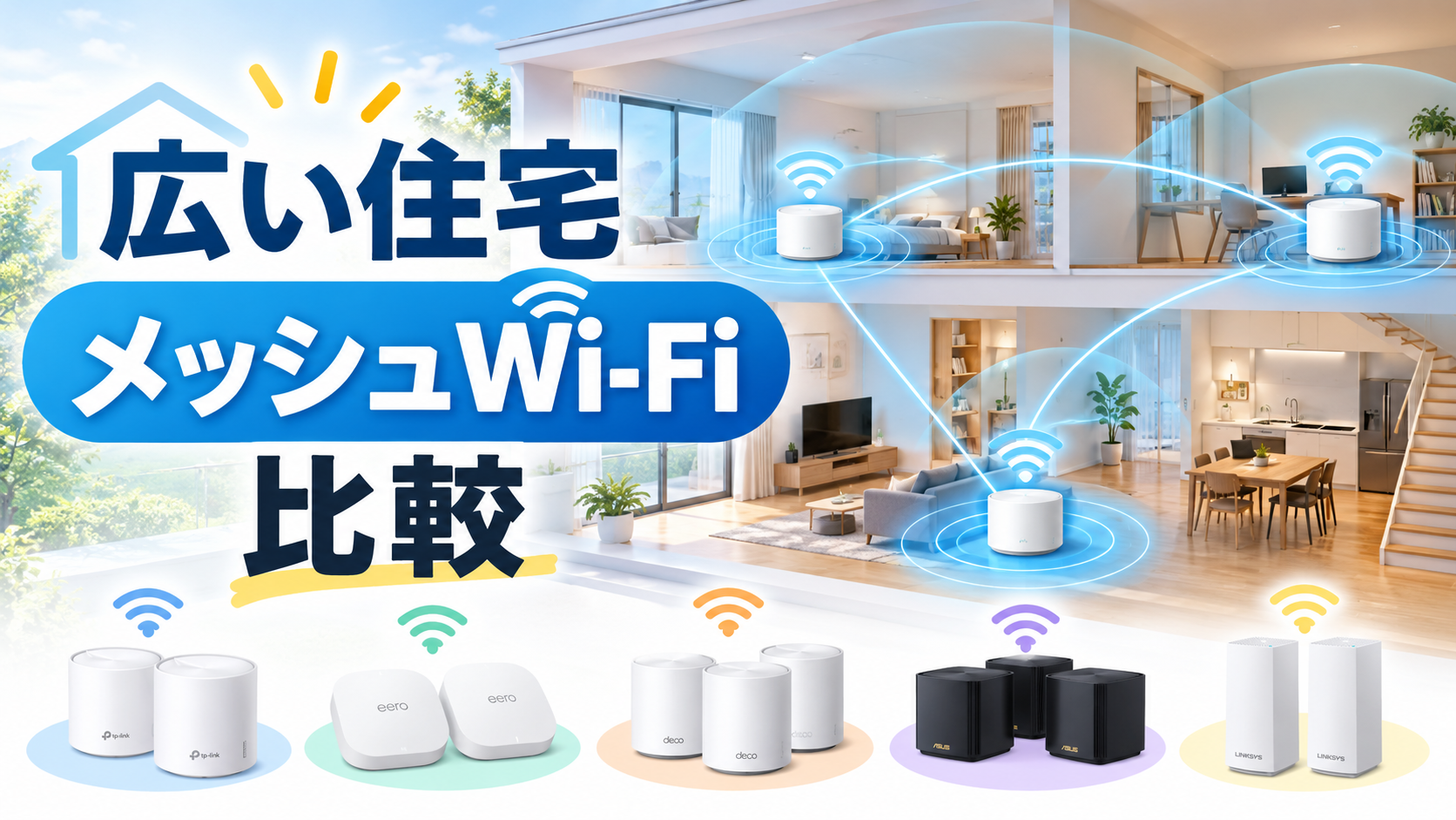 Codex 画像 2026年9月24日 19_25_47 - ネットとの付き合い方 Promotional image of a modern home with multiple mesh Wi‑Fi routers and glowing blue wireless signals, announcing a Wi‑Fi comparison in Japanese.