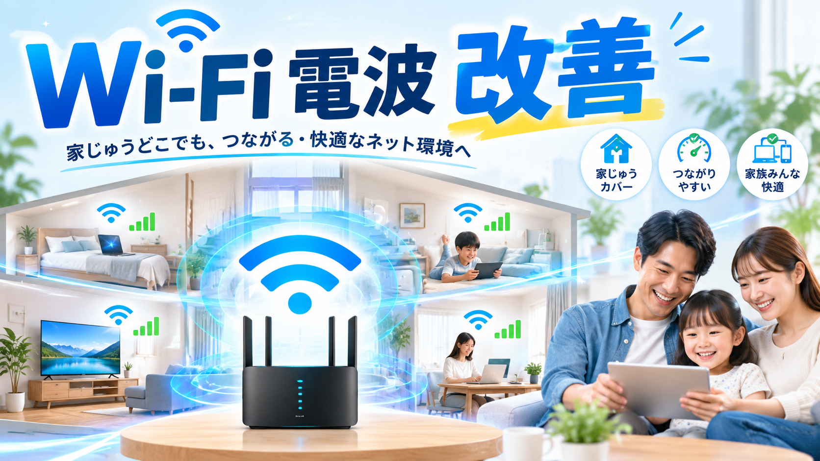Codex 画像 2026年9月25日 18_23_29 - ネットとの付き合い方 Family with a child using a tablet on a sofa as blue Wi‑Fi signals sweep through a connected house with multiple rooms in the background, promoting strong home networking.