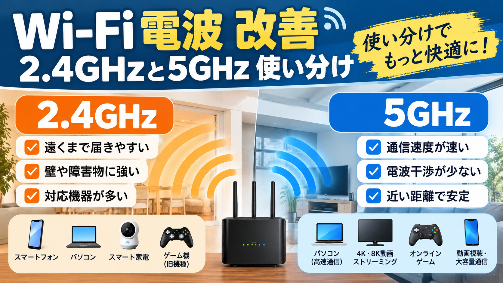 Codex 画像 2026年9月25日 18_53_34 - ネットとの付き合い方 Infographic comparing 2.4GHz and 5GHz Wi‑Fi in a living room, showing orange 2.4GHz and blue 5GHz sections with a central router and device icons.